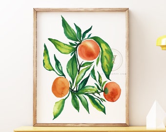 Oranges Watercolor Print, Citrus Kitchen Art Fruit Decor