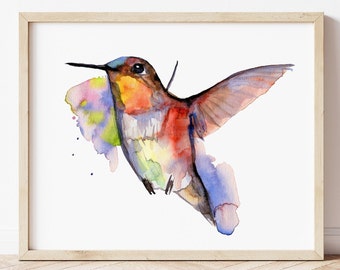 Colorful Hummingbird Watercolor Print, Bird Painting