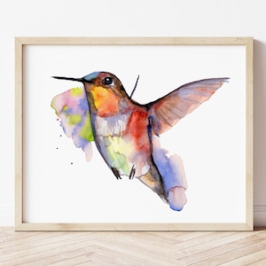 Colorful Hummingbird Watercolor Print, Bird Painting