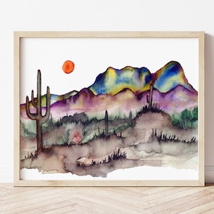 Decorazione murale del deserto, arte murale, acquerello del deserto, stampe di cactus, arte murale, stampa sud-occidentale, Arizona, paesaggio desertico