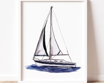 Sailboat Watercolor Painting Art Print: Signed Nautical Decor