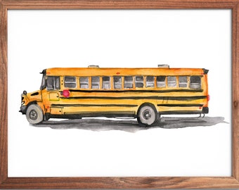 School Bus Watercolor Print: Kids Playroom Art