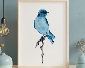 Bluebird schilderij - Print van originele aquarel schilderij, "Bluebird", Decor van het huis