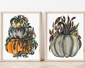 Aquarel pompoen kunstafdruk: herfst Halloween muurdecoratie