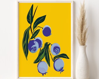 Blueberry Botanical Print  Kitchen Decor, Yellow Art