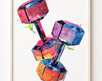 Hand Painted Watercolor Dumbbell Print | Vibrant Fitness Wall Art