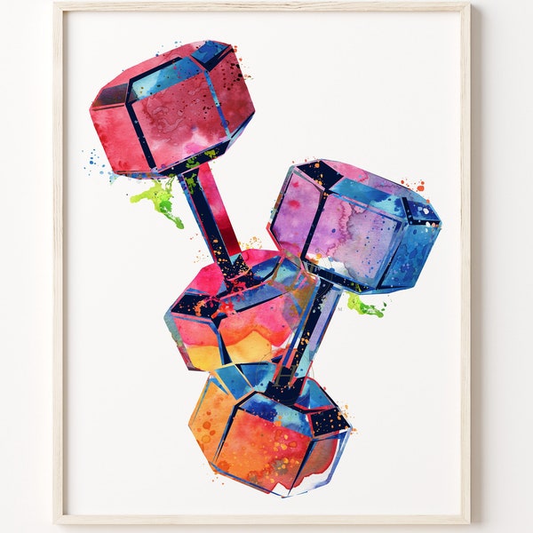 Hand Painted Watercolor Dumbbell Print | Vibrant Fitness Wall Art