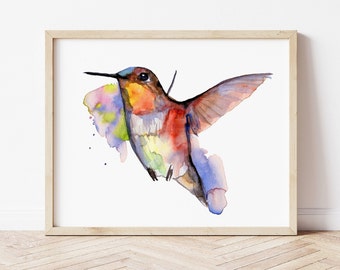 Colorful Hummingbird Watercolor Print, Bird Painting