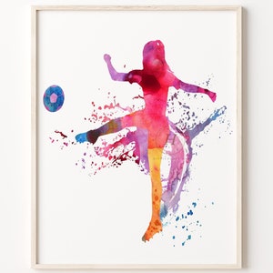 Girl Soccer Player Watercolor Print Football Soccer Kids Room Art Watercolor Painting