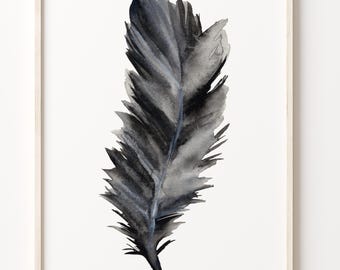 Black Feather Watercolor Print - Minimalist Nature Art for Modern Home Decor Artwork