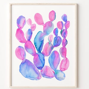 Stampa di pittura ad acquerello di cactus, opera d'arte, rosa e blu