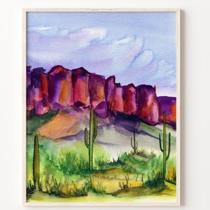 Südwestliche Landschaftswandkunst | Arizona Wandbild | Reise Dekor | Kaktus Dekor | Aquarellmalerei
