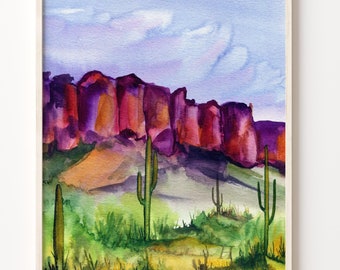 Acuarela de paisaje del suroeste: Impresión artística de cactus de Arizona