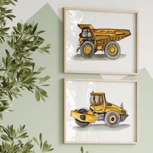 Dump Truck & Steam Roller Watercolor Print Set: Construction Nursery Art