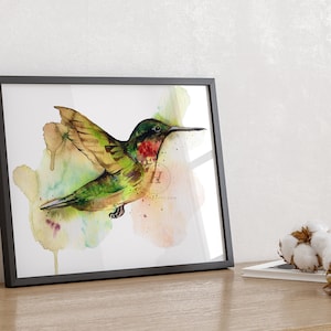 Hummingbird Watercolor Print, Bird Wall Art, Painting