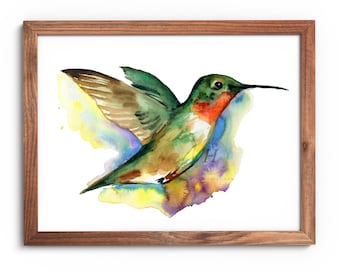 Ruby Throated Hummingbird Watercolor Art Print: Nature Wall Decor