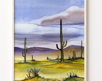 Impresión de cactus del suroeste: arte de acuarela de paisajes de Arizona