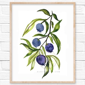 Blueberry Watercolor Print - Juicy Fruit-Themed Kitchen Wall Art Decor