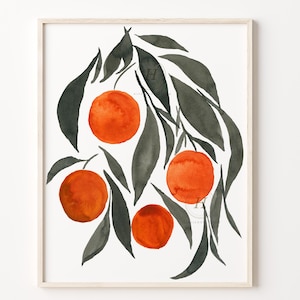 Orange Wall Art with Black Leaves, Fruit and Botanical Watercolor Painting, Kitchen Wall Decor, Fruit Art Print, Kitchen Art, Kids Room Art