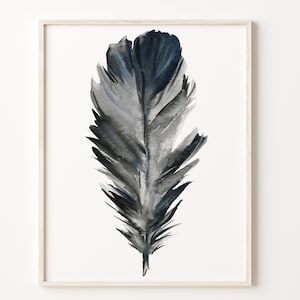 Black Feather Watercolor Print - Minimalist Nature Art for Modern Home Decor