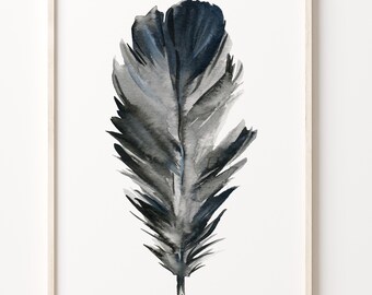 Black Feather Watercolor Print - Minimalist Nature Art for Modern Home Decor