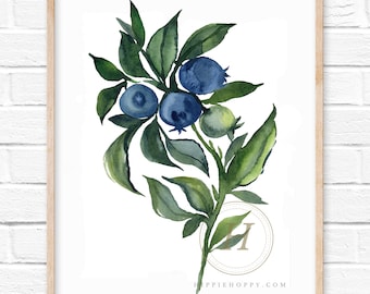 Blaubeere auf Stiel Aquarell Druck - Natur inspiriert botanische Wand Kunst Dekor