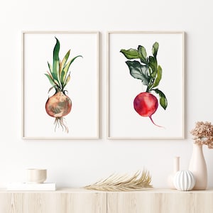 Vegetables Set 2 - Watercolor Wall Art, Wall Decor, Kitchen Art, Home Decor, Wedding Gift, Cooking, Fruit Art, Vegetable Art, Onion, Radish