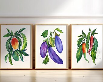 野菜アートプリント3枚セット、キッチンウォールアート