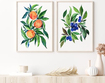 Fruit Set of 2 Watercolor Painting, Kitchen Wall Art, Orange, Blueberries, Gallery Wall Set, Kitchen Decor Fruit Prints