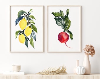 Fruit Set of 2 Watercolor Painting, Kitchen Wall Art, Orange, Blueberries, Gallery Wall Set, Kitchen Decor Fruit Prints