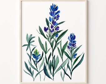 BLUEBONNET Watercolor Flower Print by Crystal Cortez Wall Art