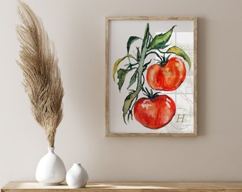 Tomato Print. Food art. Illustration. Kitchen decor. Garden. Summer. Red. Fruit. Vegetables. Homegrown. Organic. Gardening.