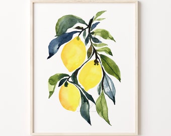 Lemon Painting, Kitchen Wall Art, Watercolor Lemon Painting, Yellow Lemons