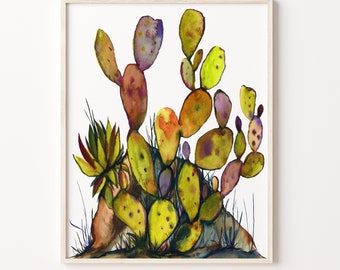 Desert Cactus at Sunset Print, Painted by HippieHoppy