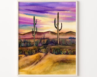 May include: Watercolor painting of a desert landscape with two tall cacti in the foreground and a purple and yellow sunset in the background.