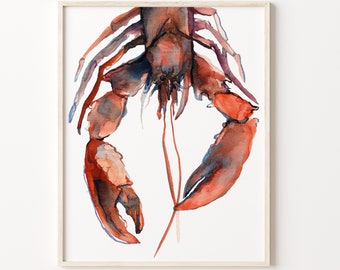 Lobster Watercolor Painting, Kitchen Art Print, Red Lobster