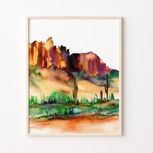 Pintura em aquarela do deserto: impressão artística de paisagem de cactos do sudoeste