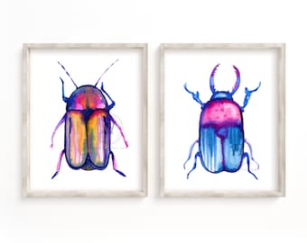 Set of framed beetle watercolor prints