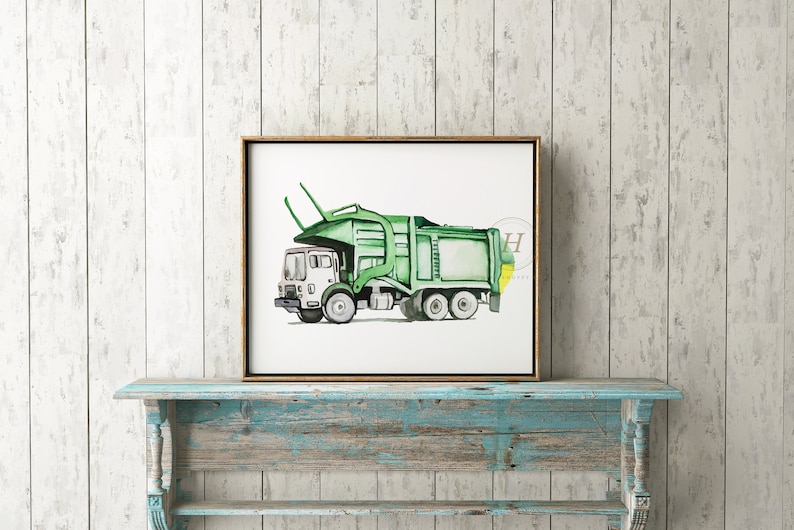 Trash Truck Front Loader Watercolor Print Boys Room Art