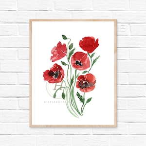 May include: Watercolor painting of a bouquet of red poppies with green stems and leaves on a white background.