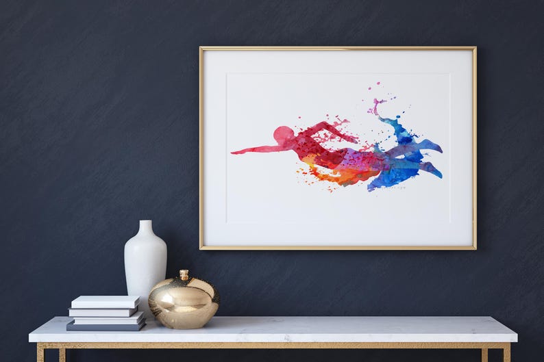 Colorful Abstract Swimmer Watercolor Art Print Dynamic Sports Wall ...