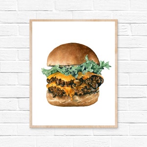 Cheeseburger Watercolor Print Kitchen Art by HippieHoppy