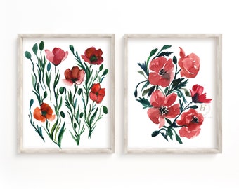 Poppy Flower Art Print Set: originele aquarel botanische muurkunst