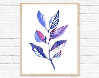 Blue and Pink Botanical Watercolor Print