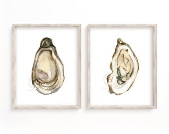 Juego de 2 impresiones artísticas de ostras en acuarela