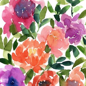 May include: Watercolor painting of a bouquet of pink, purple, and orange flowers with green leaves. The flowers are painted in a loose, abstract style.