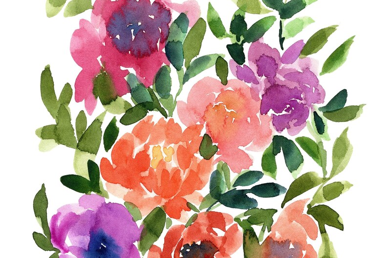 May include: Watercolor painting of a bouquet of pink, purple, and orange flowers with green leaves. The flowers are painted in a loose, abstract style.