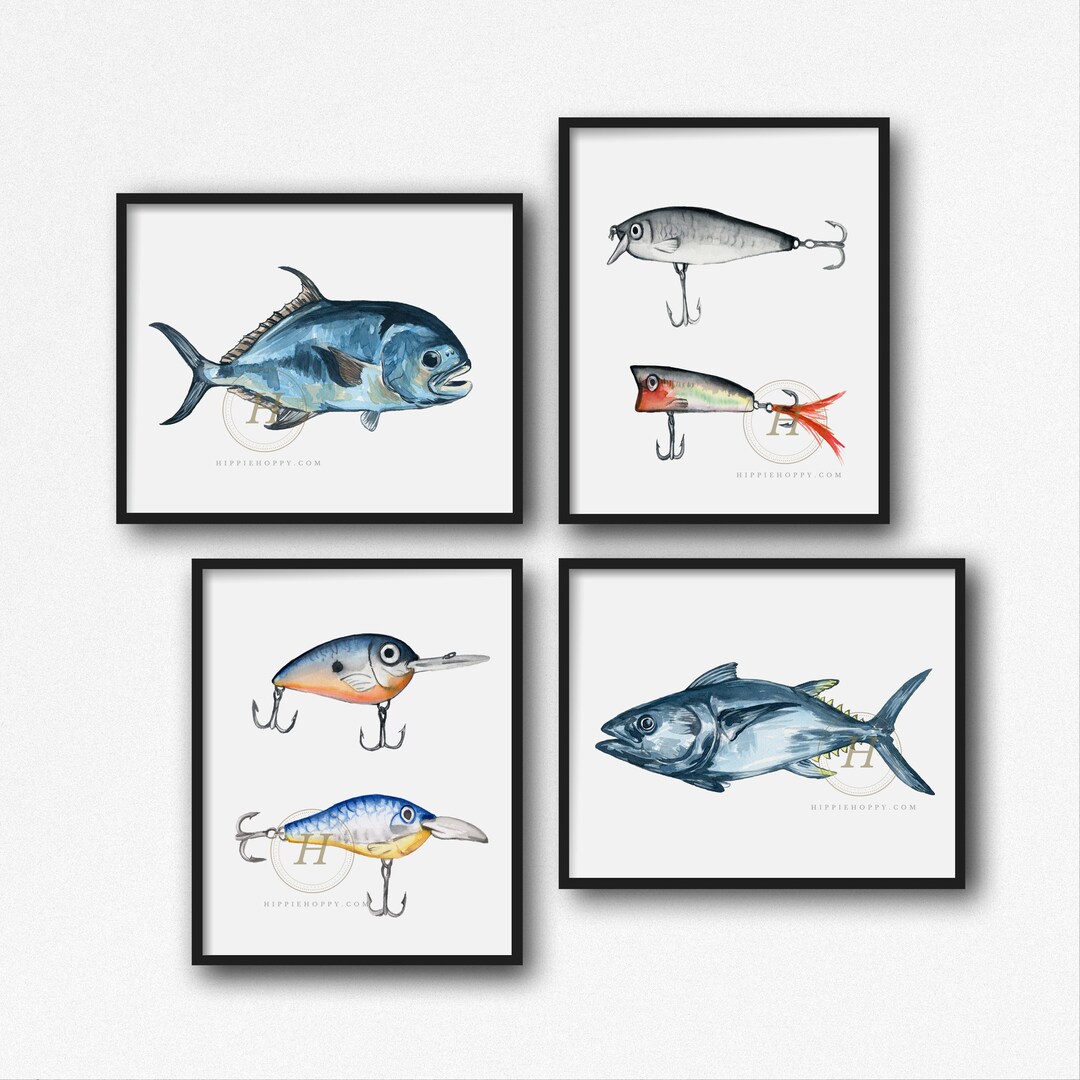 Fishing Wall Art Set of 4 by Hippiehoppy Etsy