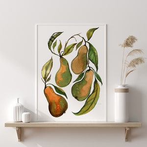 May include: Watercolor painting of four green and orange pears with leaves on a white background.