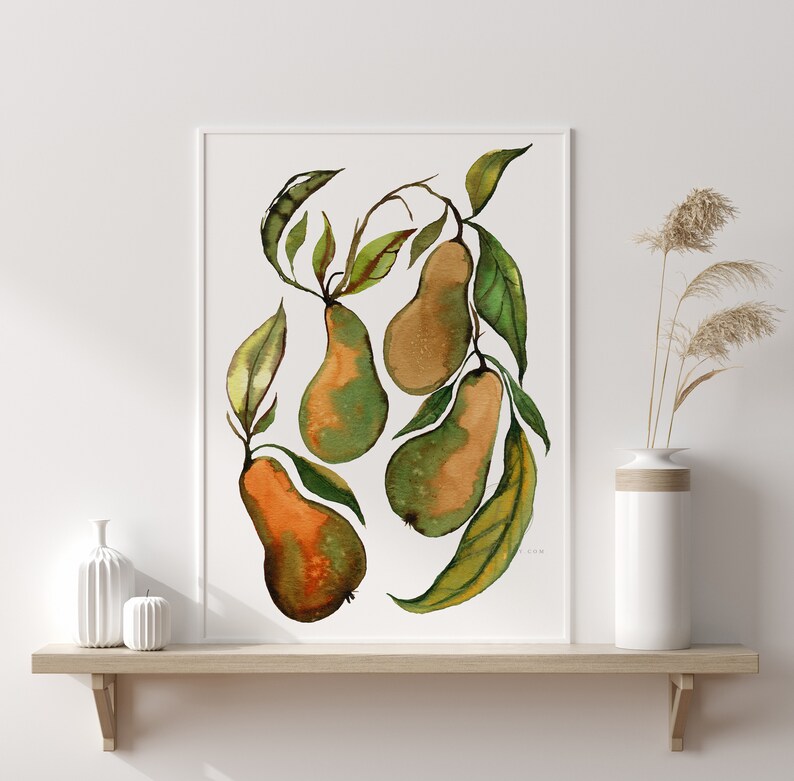 May include: Watercolor painting of four green and orange pears with leaves on a white background.